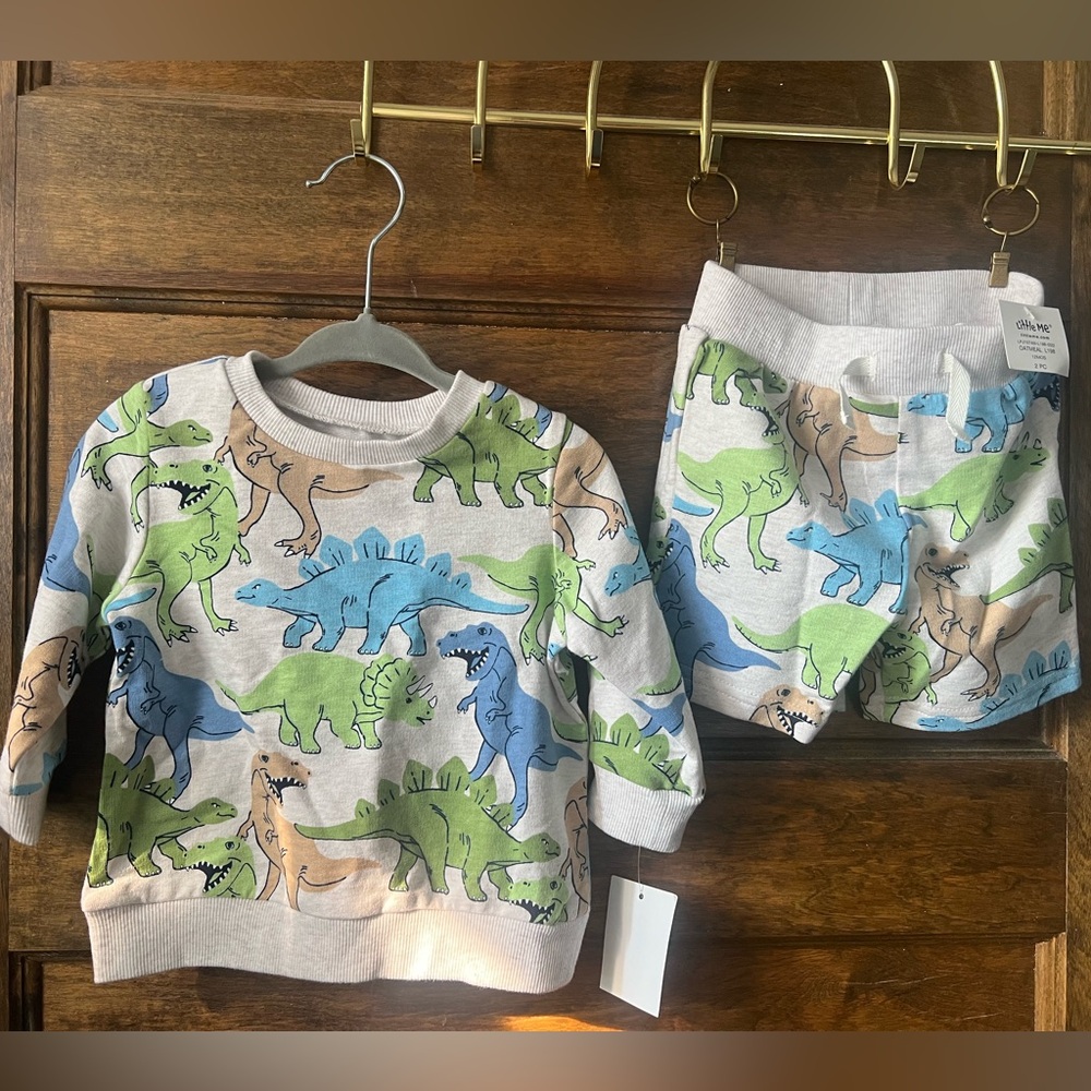 Little Me | Dinosaur Print Kids Set - Blue, Green, Tan 12 months 100% cotton